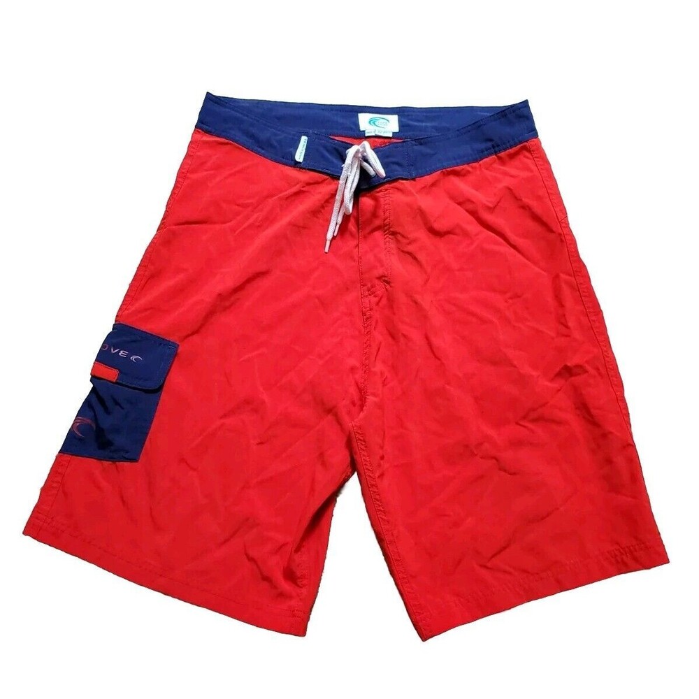 Teal Cove Men 32" Swim Trunk Shorts Pocket Unlined Red Blue Tie Waist Travel EUC